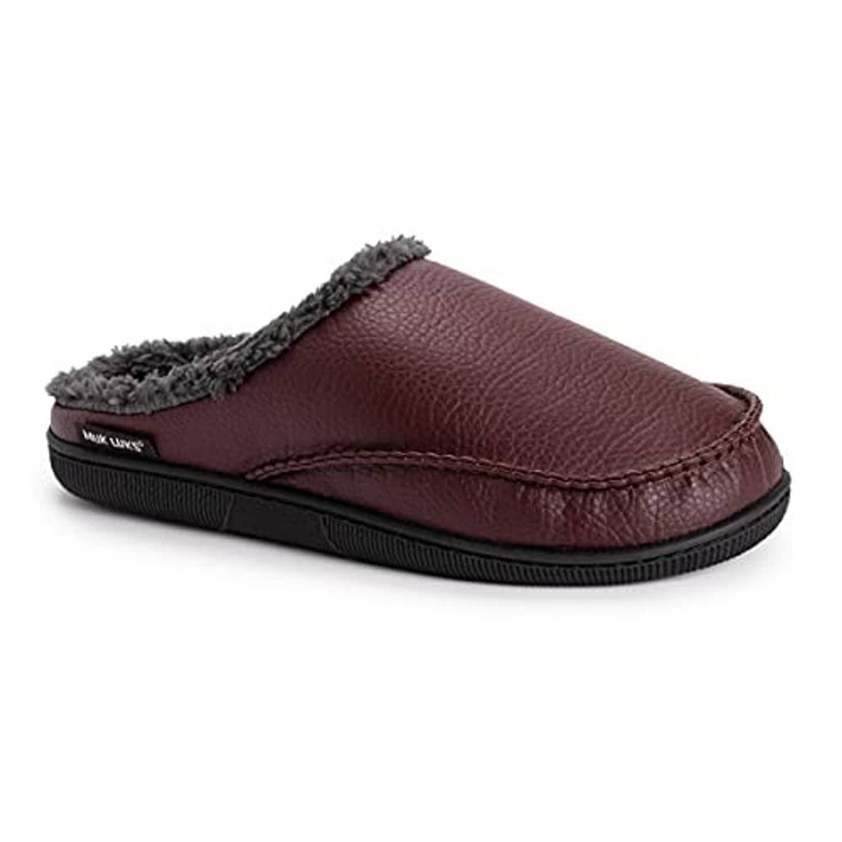 Maroon faux leather clog mule with gray sherpa trim and black treaded sole