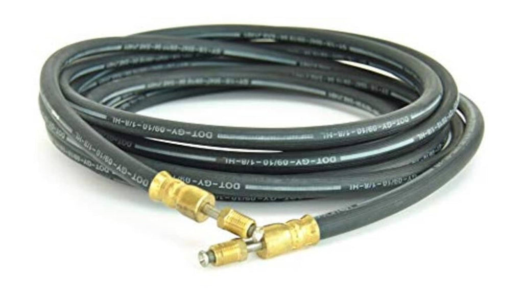 Coiled black rubber brake hose with two brass male inverted flare fittings, end ports