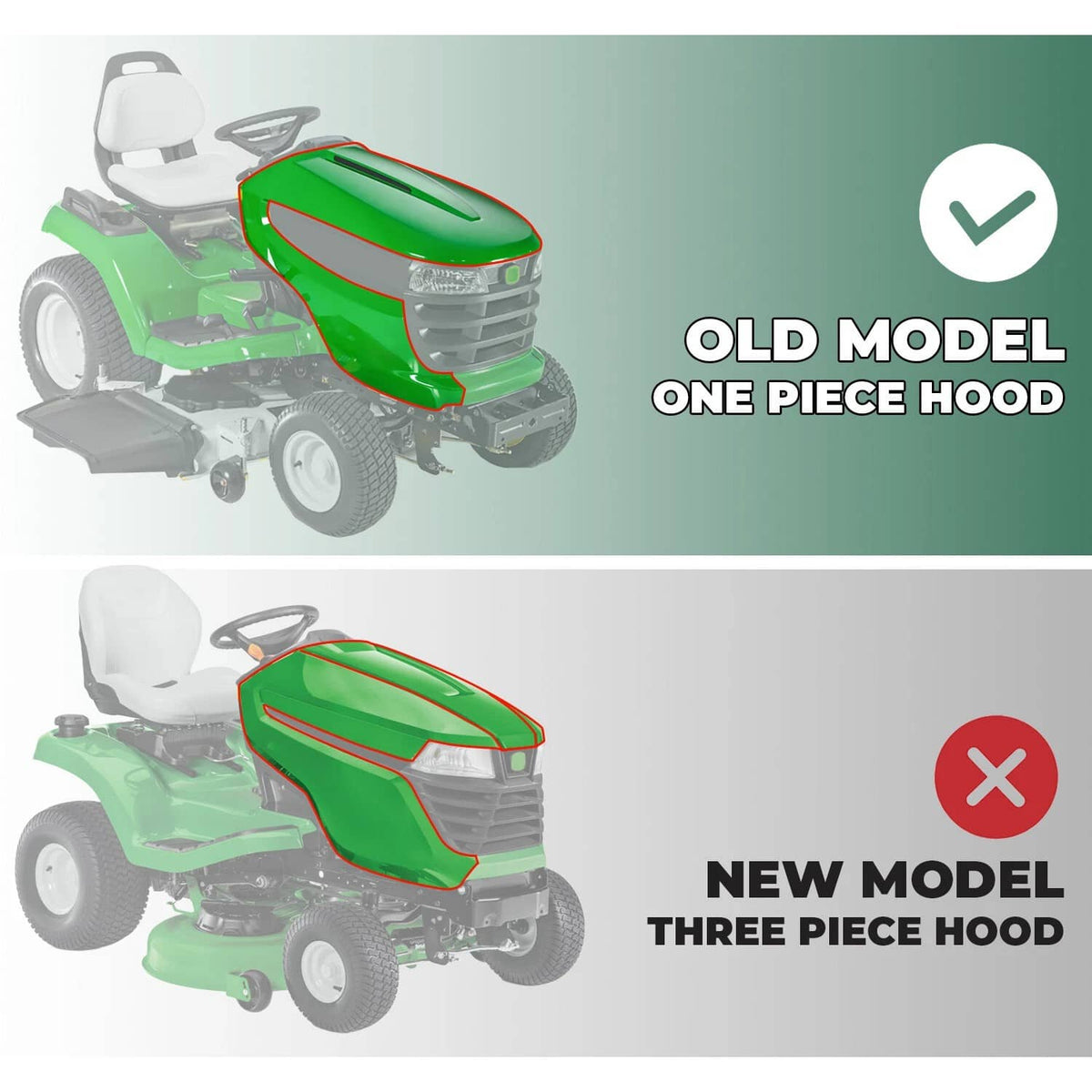 Green lawn mower hood cover with vent and grille-style opening