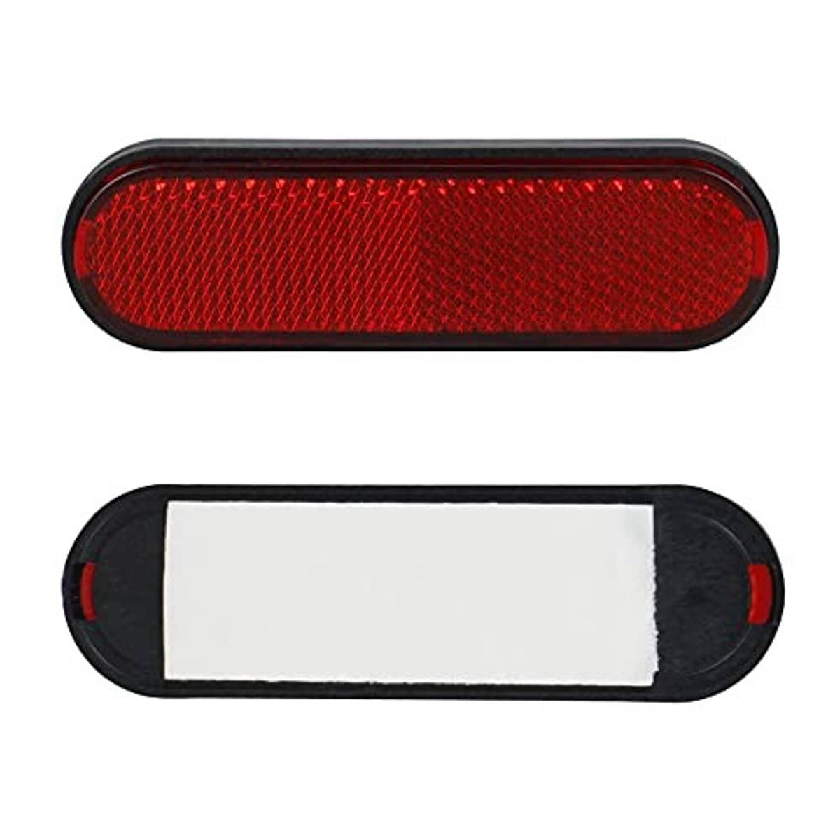 Red oval reflective motorcycle reflector sticker with black frame and white adhesive backing