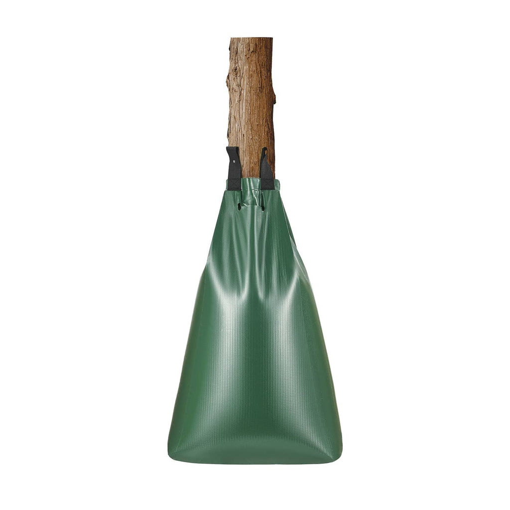 Green tree watering bag with two strap handles and black zipper at the top