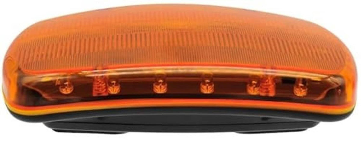 Amber LED magnetic warning light, front view with multi-LED bar under the lens.