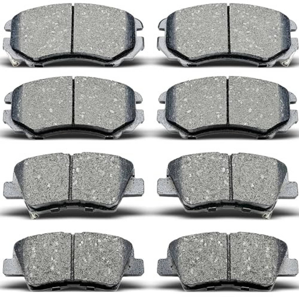 Ceramic brake pad set, eight gray pads shown in pairs with metal mounting tabs