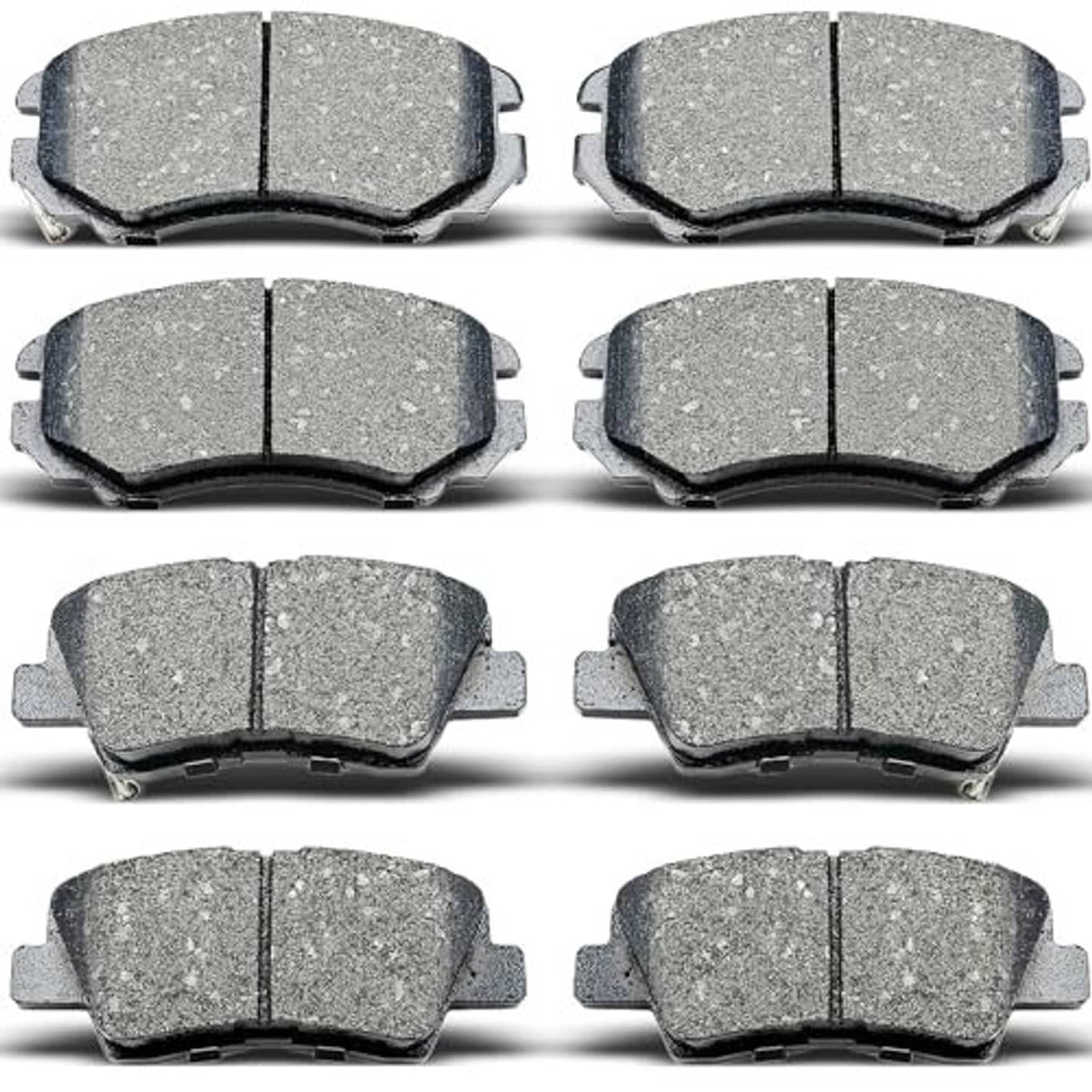 Ceramic brake pad set, eight gray pads shown in pairs with metal mounting tabs
