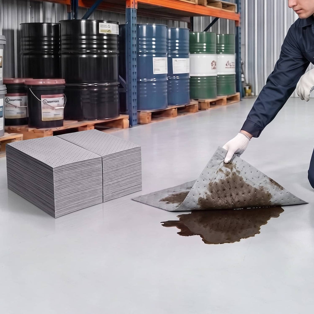 Warehouse use of absorbent pads: stacked sheets and a roll near a spill