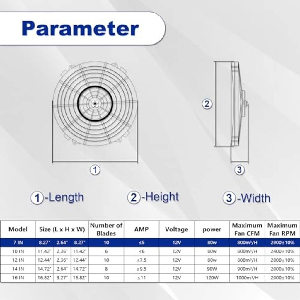 7-inch cooling fan kit diagram with dimensions and specs chart