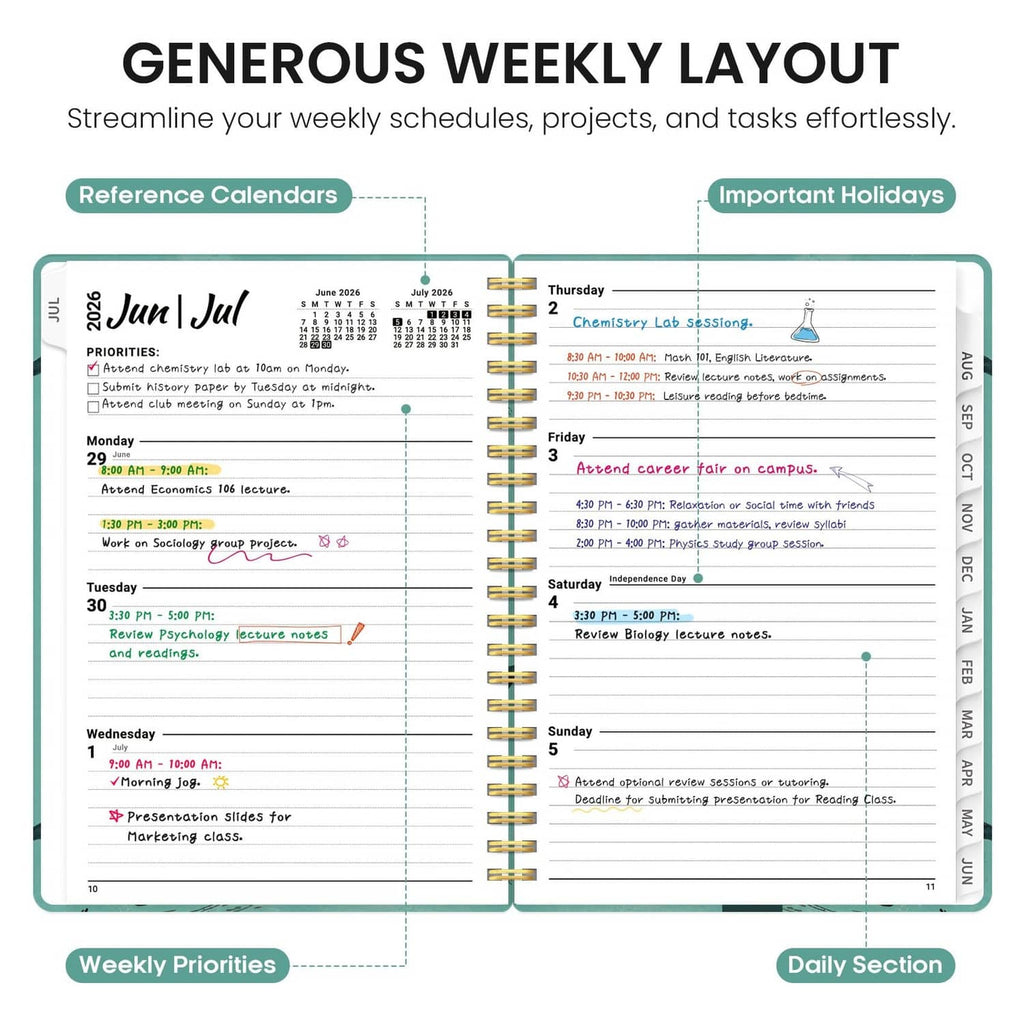 Open weekly layout page with scheduled tasks, priorities, and daily sections