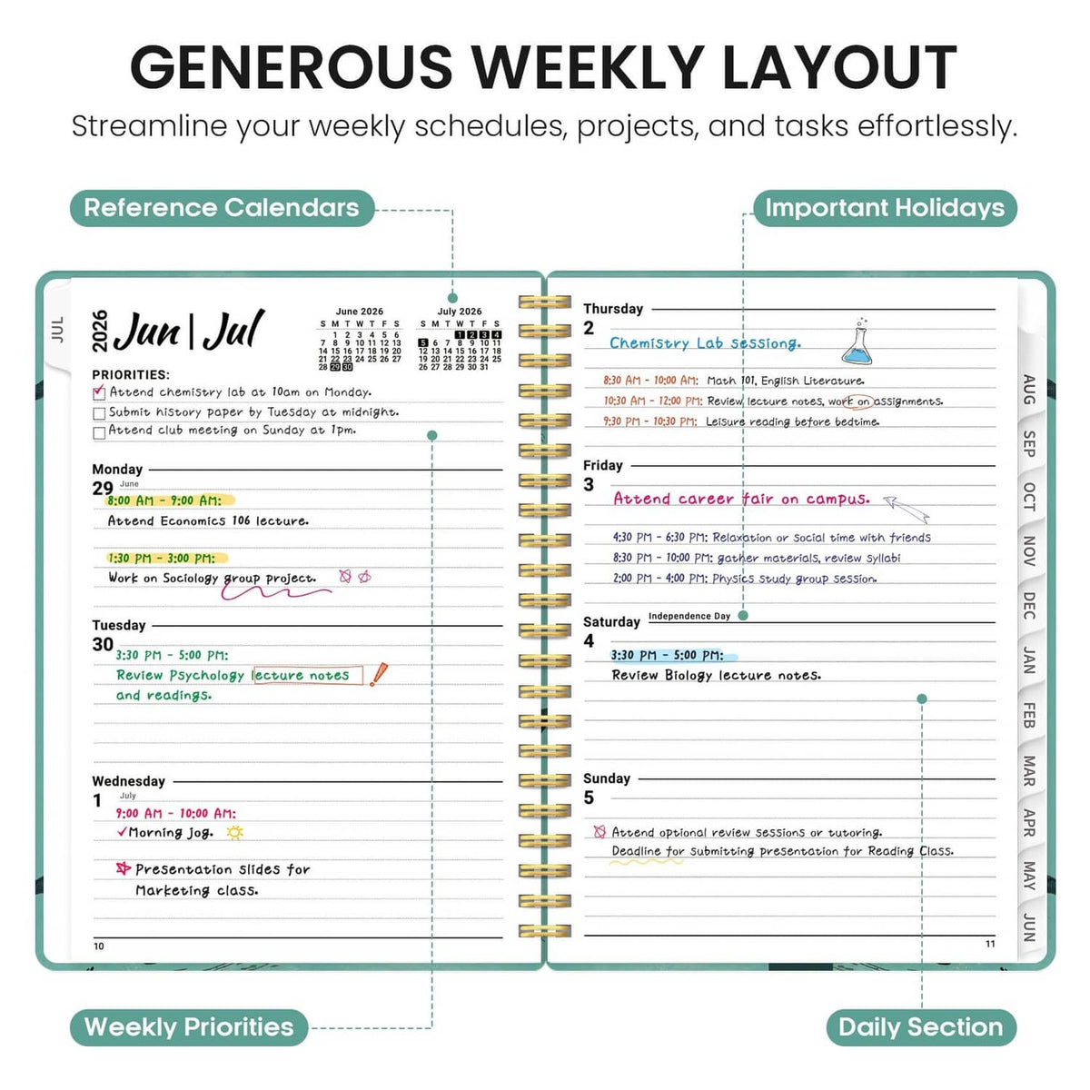 Open weekly layout page with scheduled tasks, priorities, and daily sections