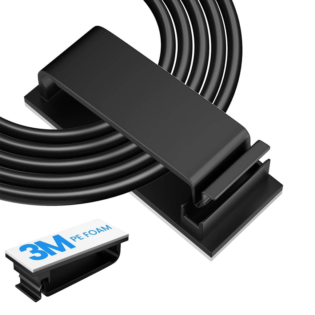 Black adhesive cable management clips for bundling large cords, 20-pack set