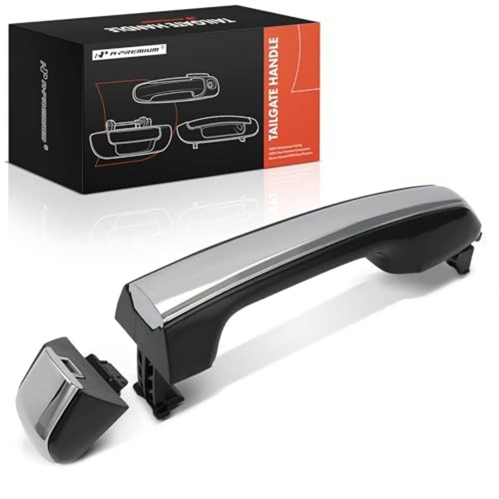 Chrome rear exterior door handle with black housing, angled view with retail packaging