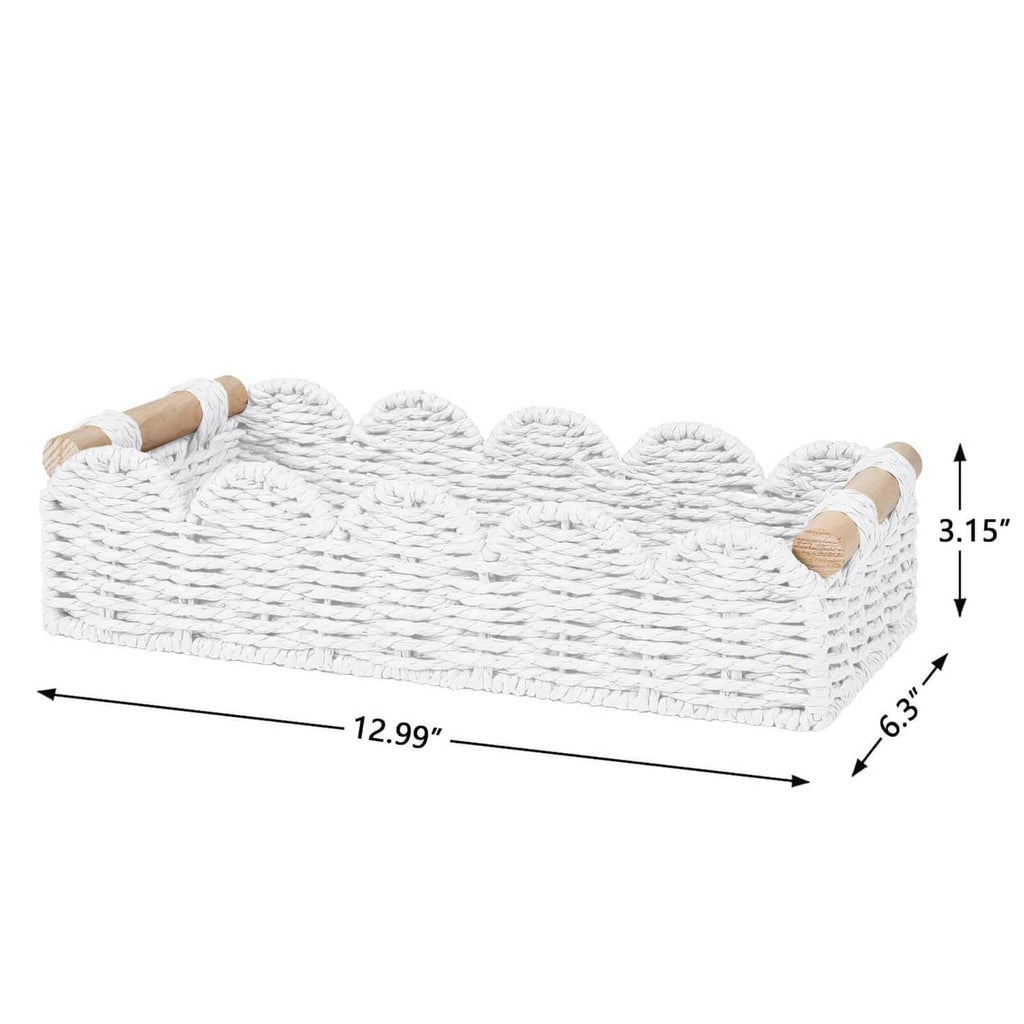 White woven rectangular storage basket with rope handles; size shows 12.99 x 6.3 x 3.15 in