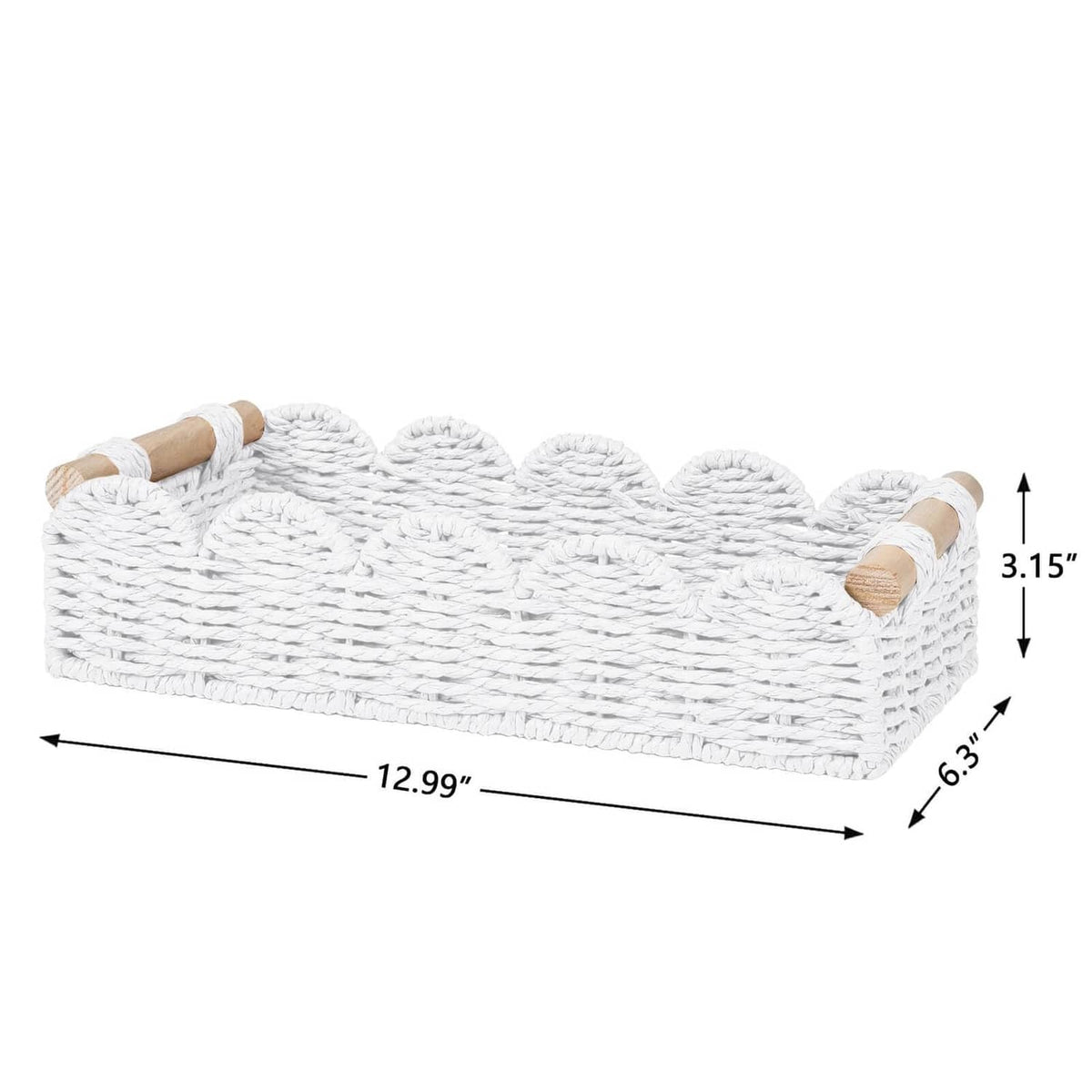 White woven rectangular storage basket with rope handles; size shows 12.99 x 6.3 x 3.15 in
