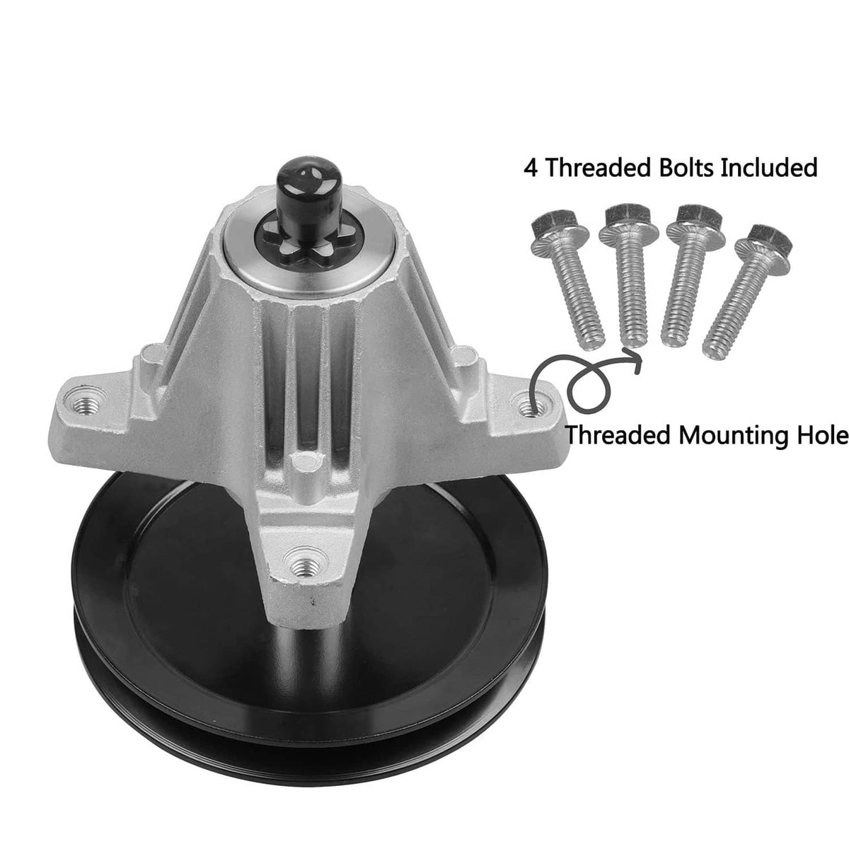 Mower spindle with black base, threaded mounting holes, and four included threaded bolts