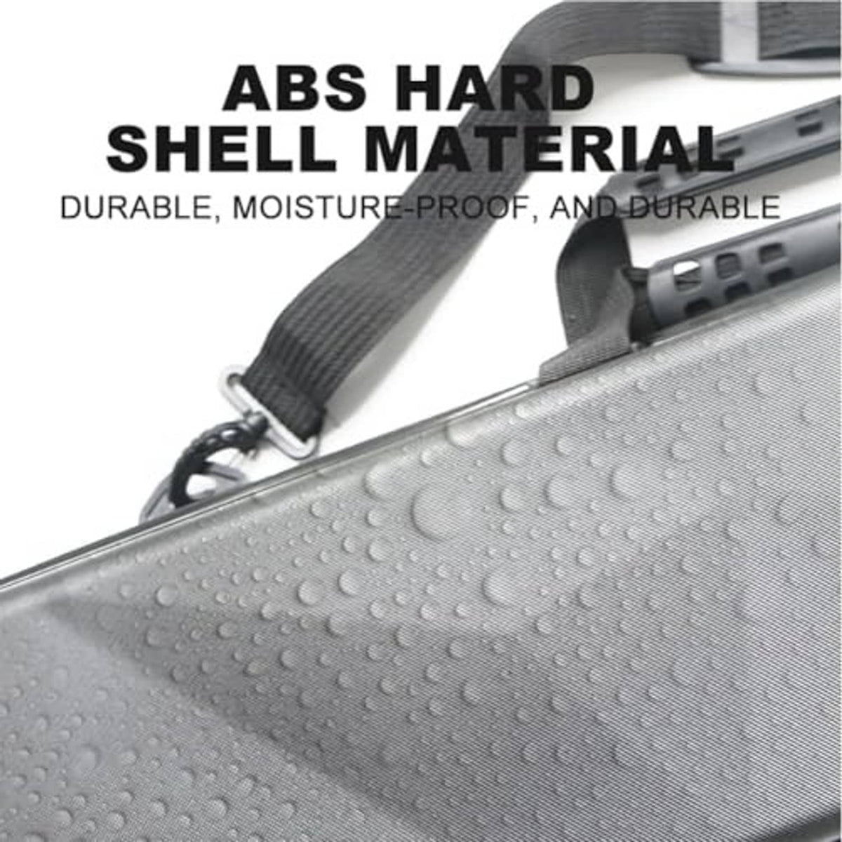 Textured dark-gray ABS hard shell of a pool cue case with moisture droplets.