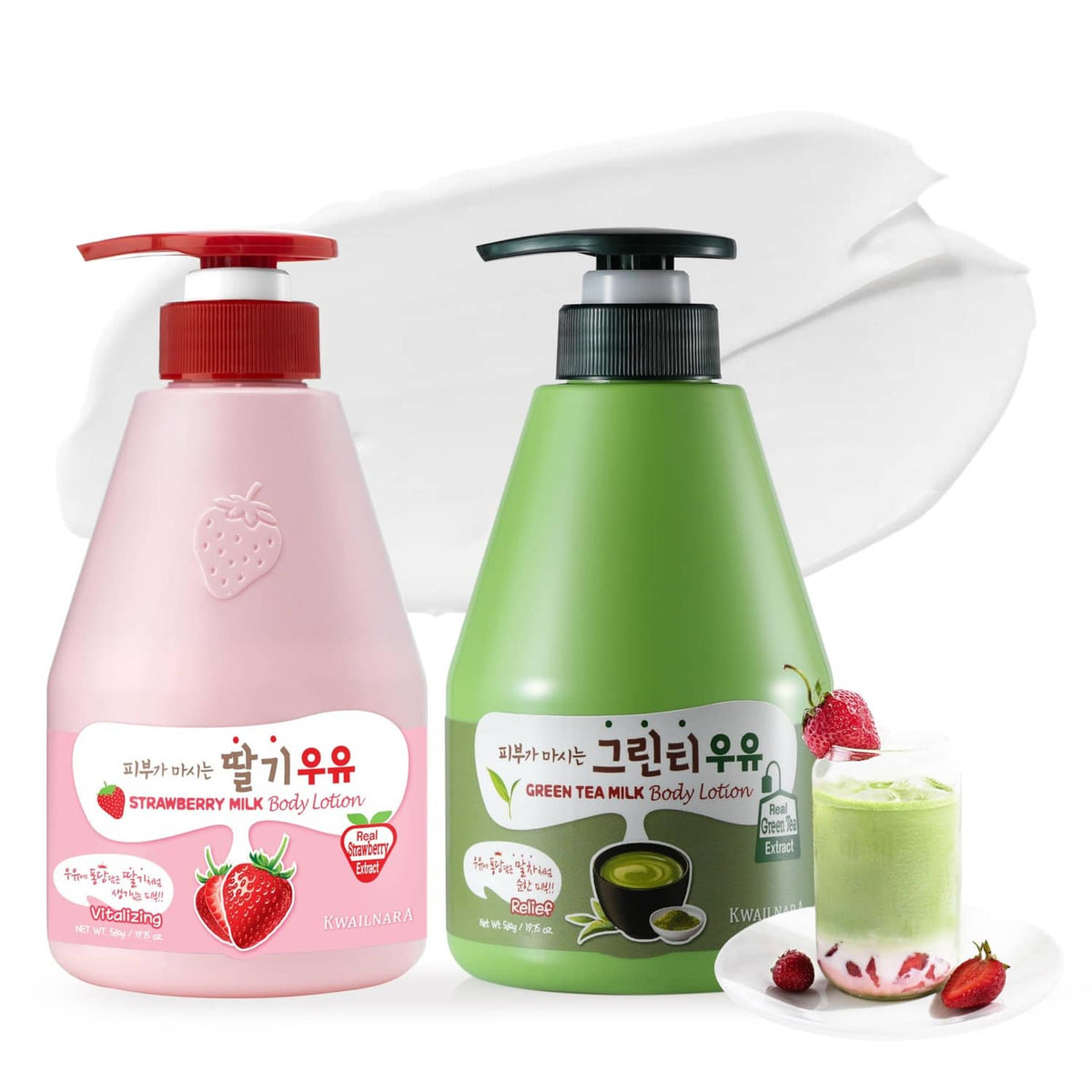 Strawberry milk body lotion and green tea milk body lotion set with pump bottles