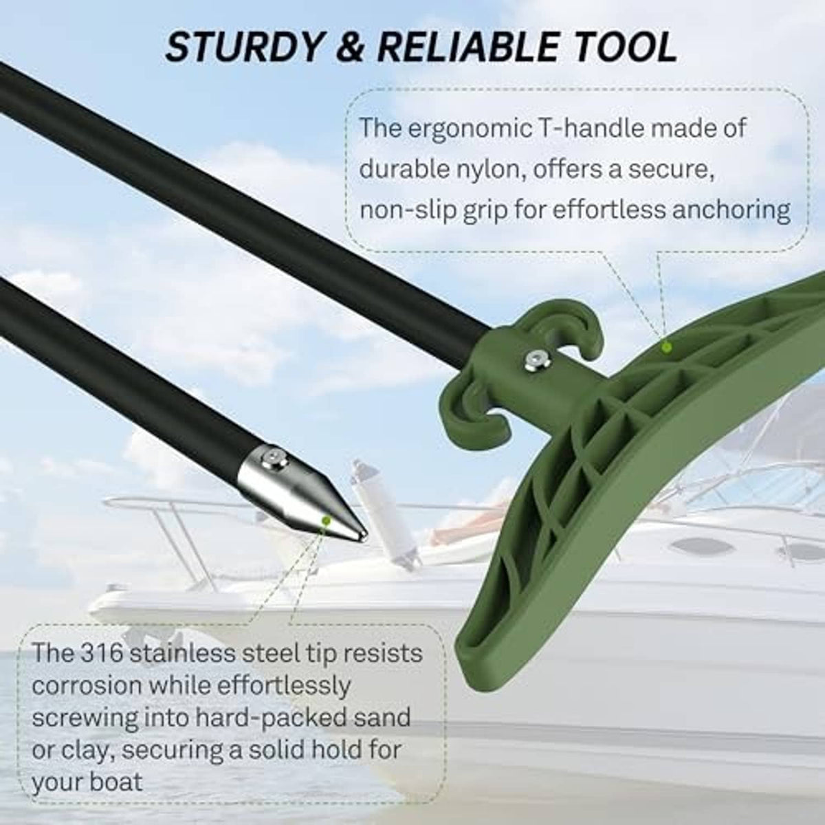 Shallow-water anchor pole with green fluke and stainless steel tip on a T-handle