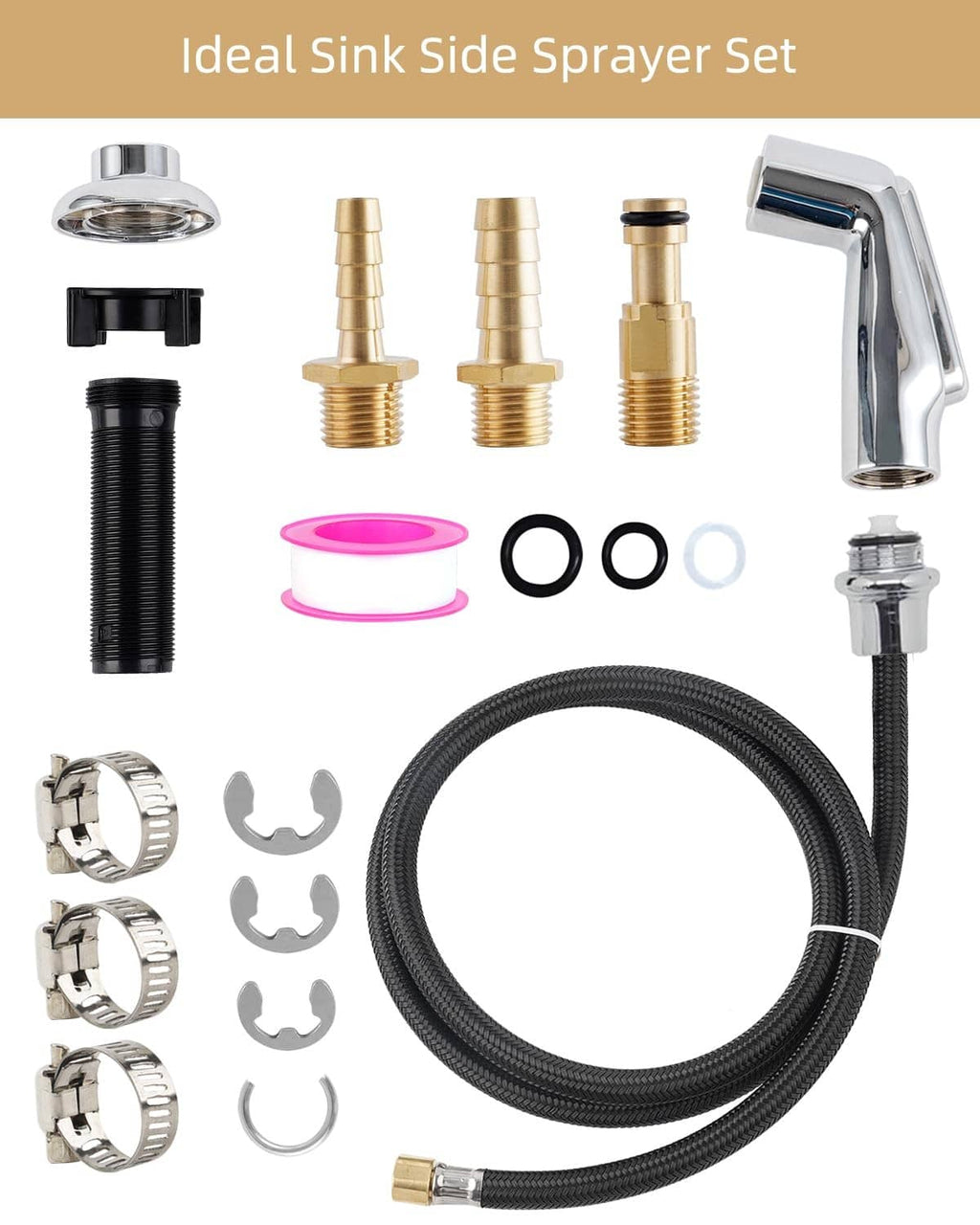 Chrome sink spray set with black braided hose, side sprayer head, and mounting adapters