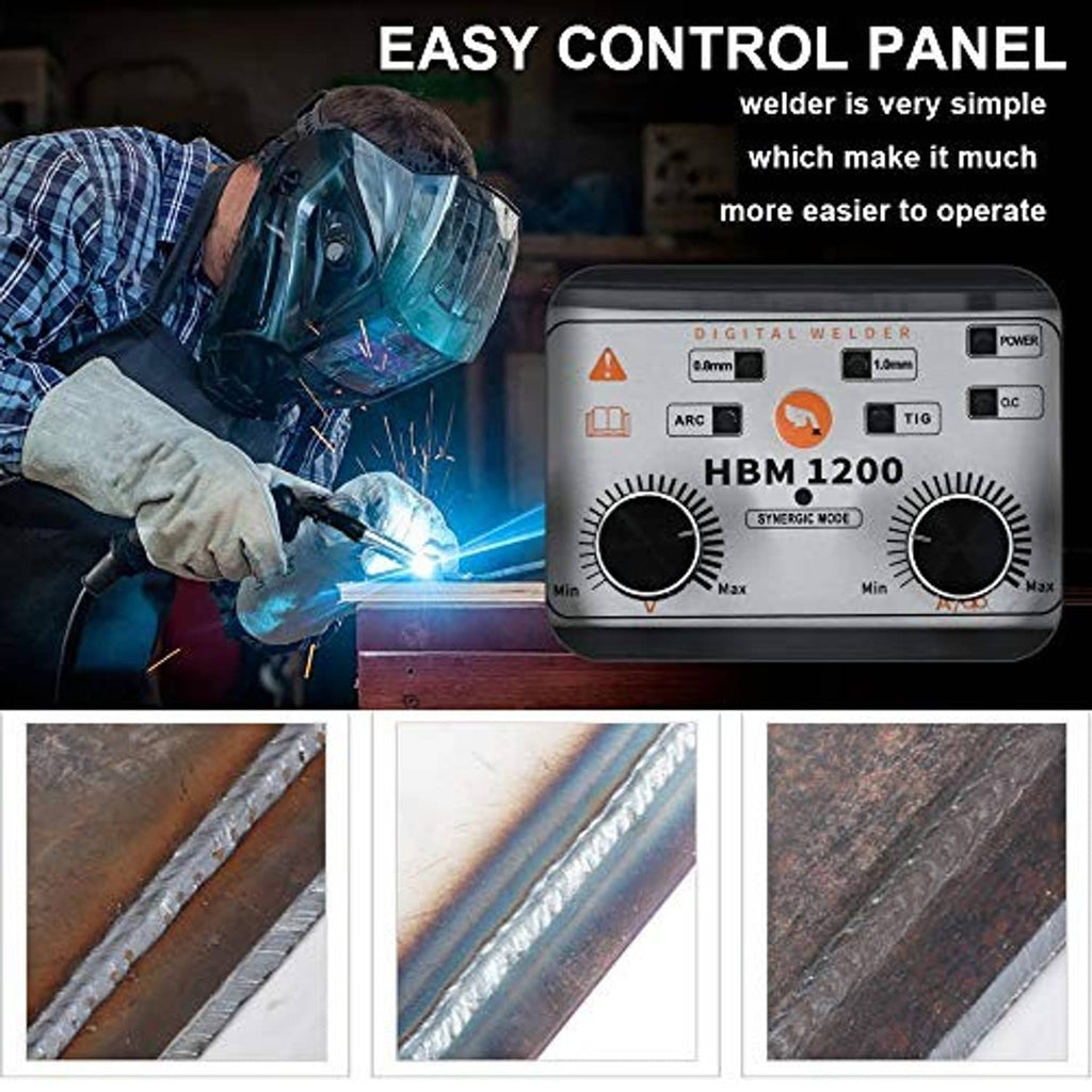 3-in-1 welder control panel with knobs and sparks during active welding
