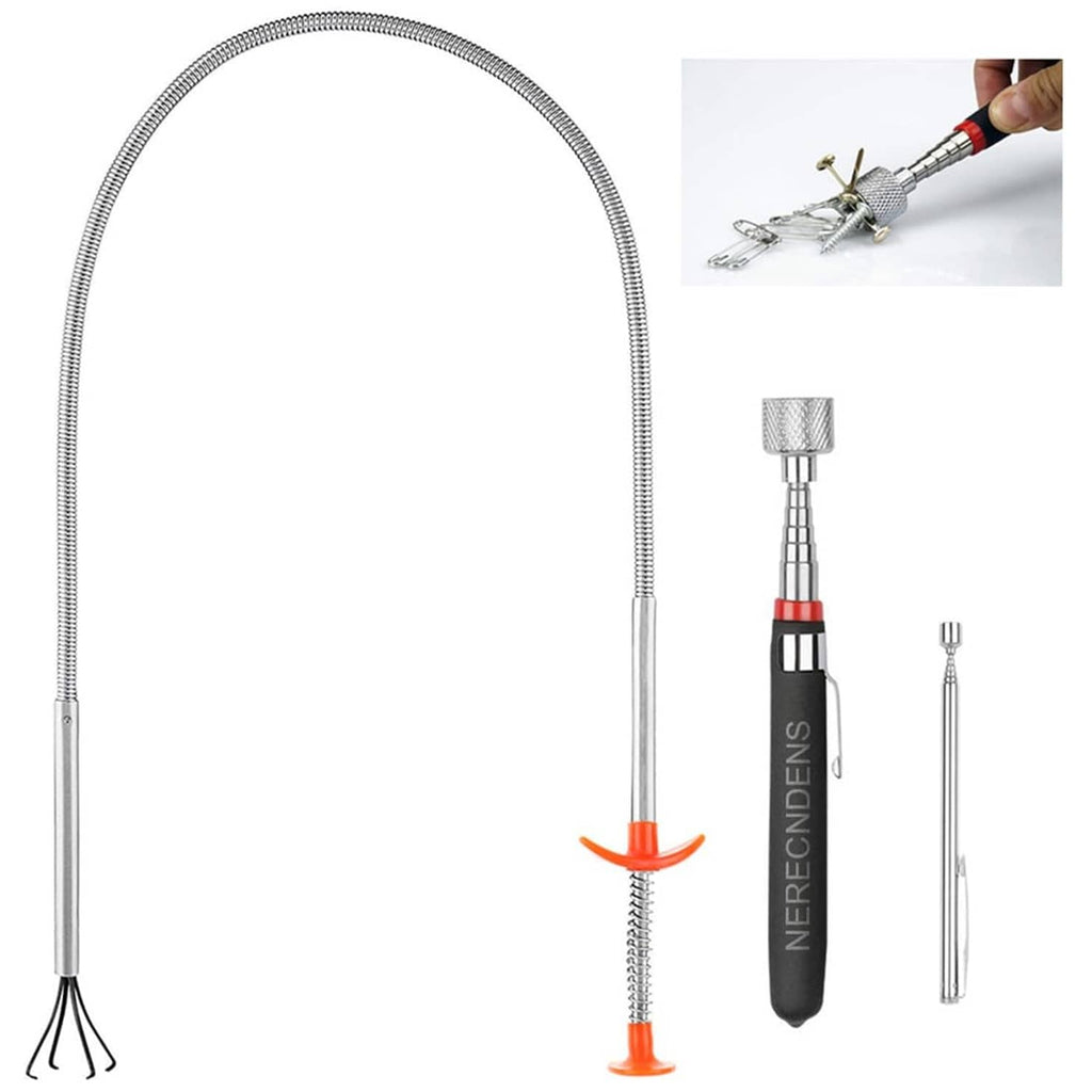3-piece magnetic pick-up tool set with extendable flexible shafts and claw tips