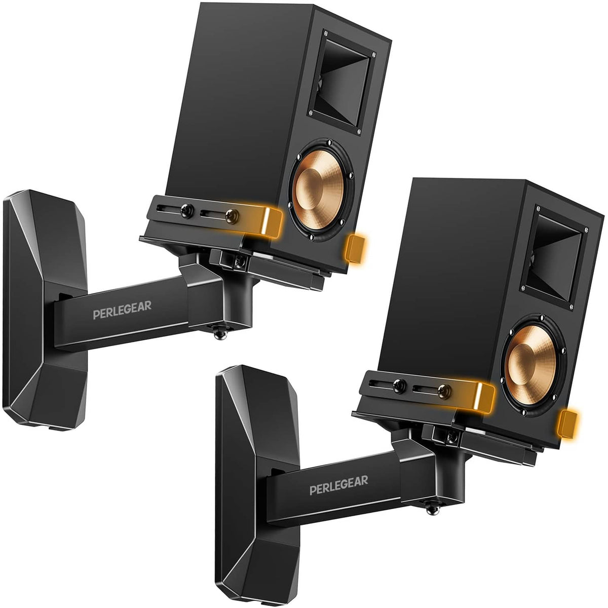 Black speaker wall mount bracket with clamp arms and mounting plate