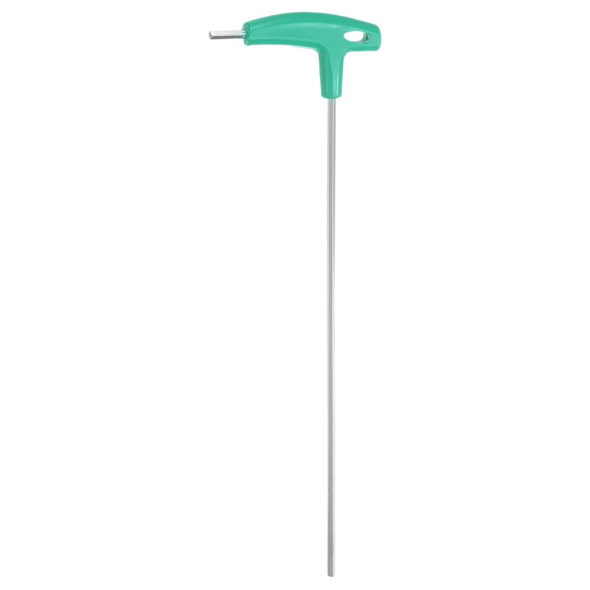 Turquoise T-handle hex key wrench with long metal arm and hex tip