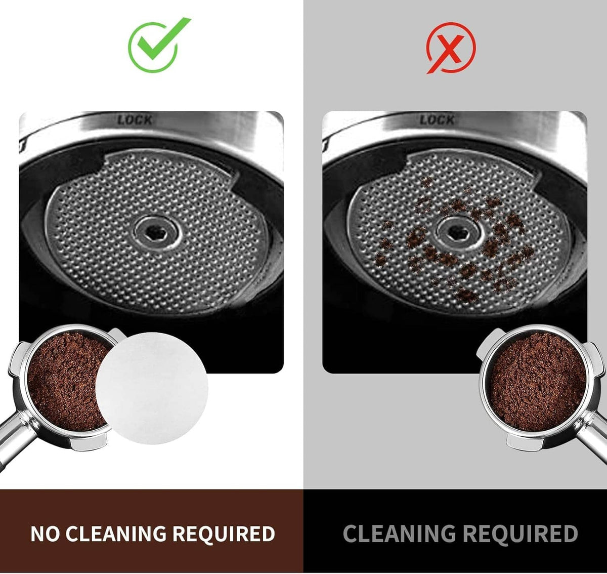 Round paper filter disc held near espresso portafilter basket (53–54 mm)