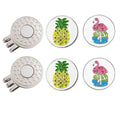 Golf ball marker set with pineapple and flamingo designs plus metal hat clips