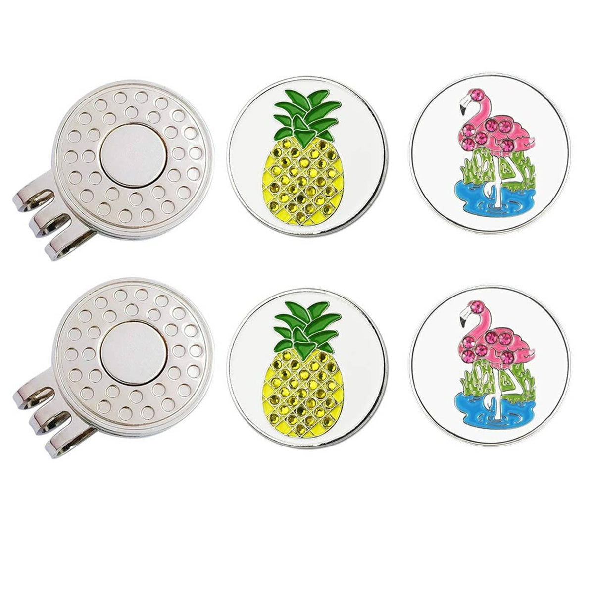 Golf ball marker set with pineapple and flamingo designs plus metal hat clips