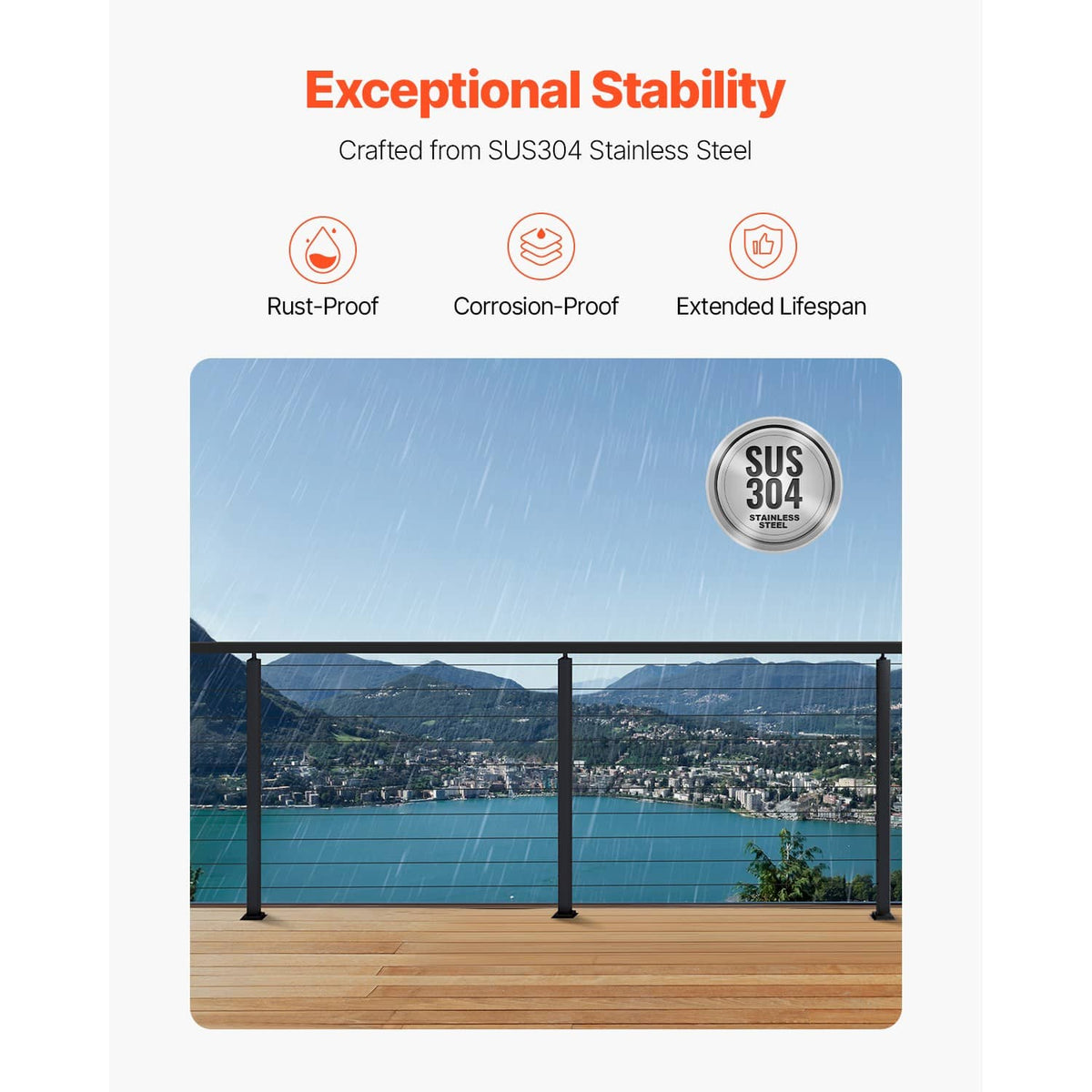 Black SUS304 stainless cable railing posts with horizontal holes, 36-inch height.