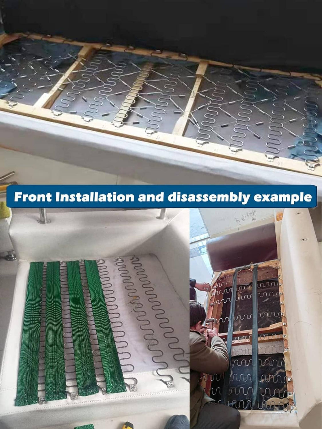 Upholstery spring installation on sofa base with front assembly and disassembly