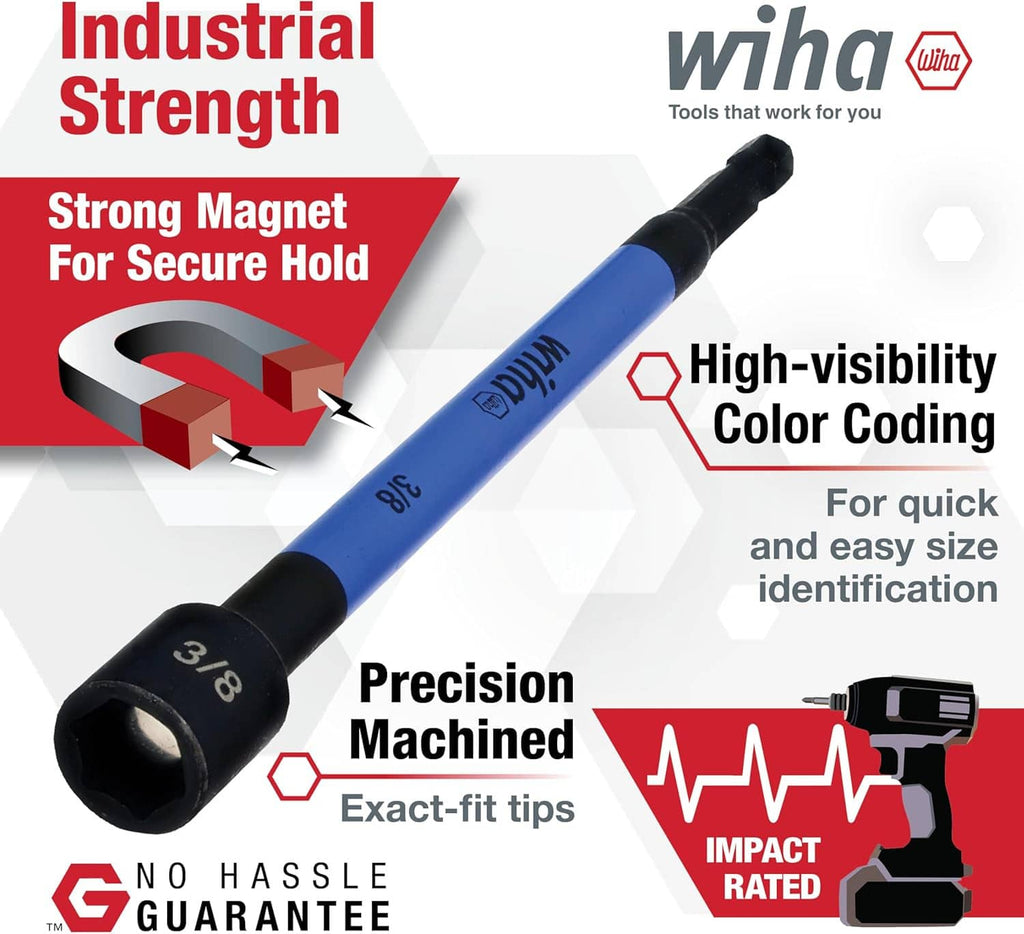 Blue magnetic nut setter with black hex drive tip, shown as secure-hold tool