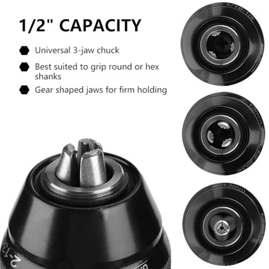Keyless 3-jaw drill chuck with gear-shaped jaws, black body shown from multiple angles
