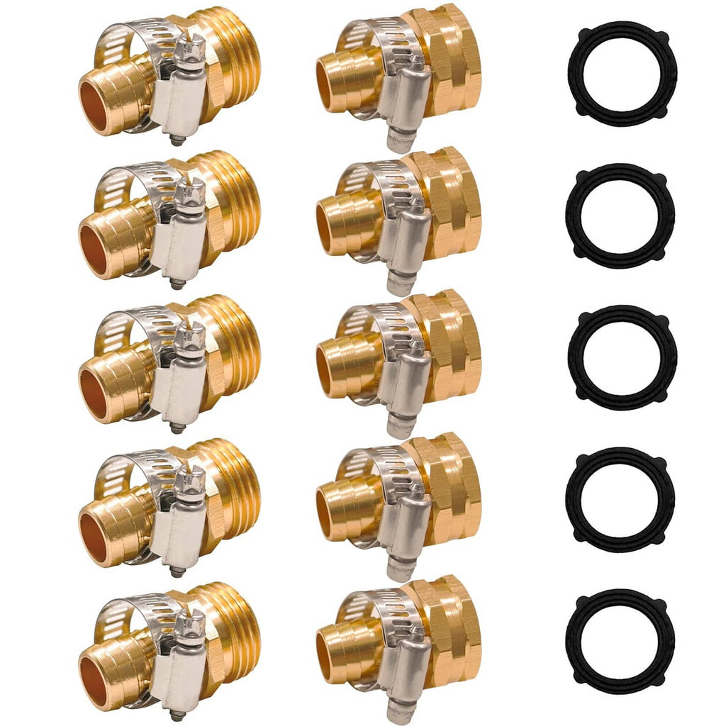 Hourleey aluminum garden hose repair menders (gold) with black rubber washers, 5-pack