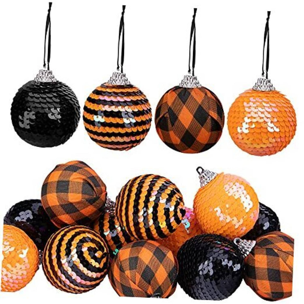 Twelve sequin hanging ball ornaments: black, orange, plaid and striped designs with caps