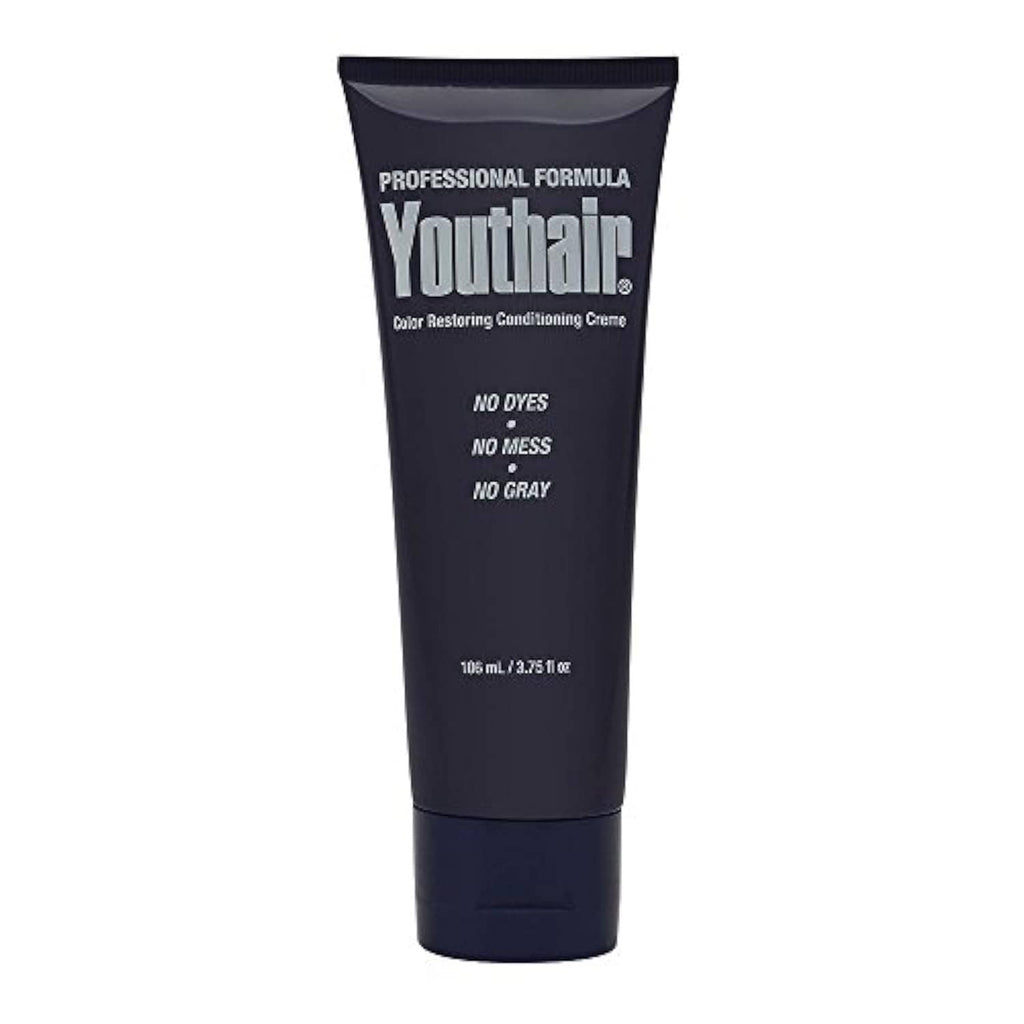 Youthair color restoring conditioning creme tube front, dark blue with “No dyes, No mess, No gray”
