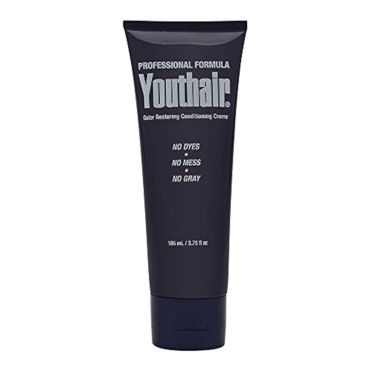 Youthair color restoring conditioning creme tube front, dark blue with “No dyes, No mess, No gray”