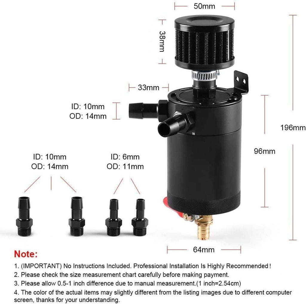 Oil catch can with breather filter and labeled ports in size diagram