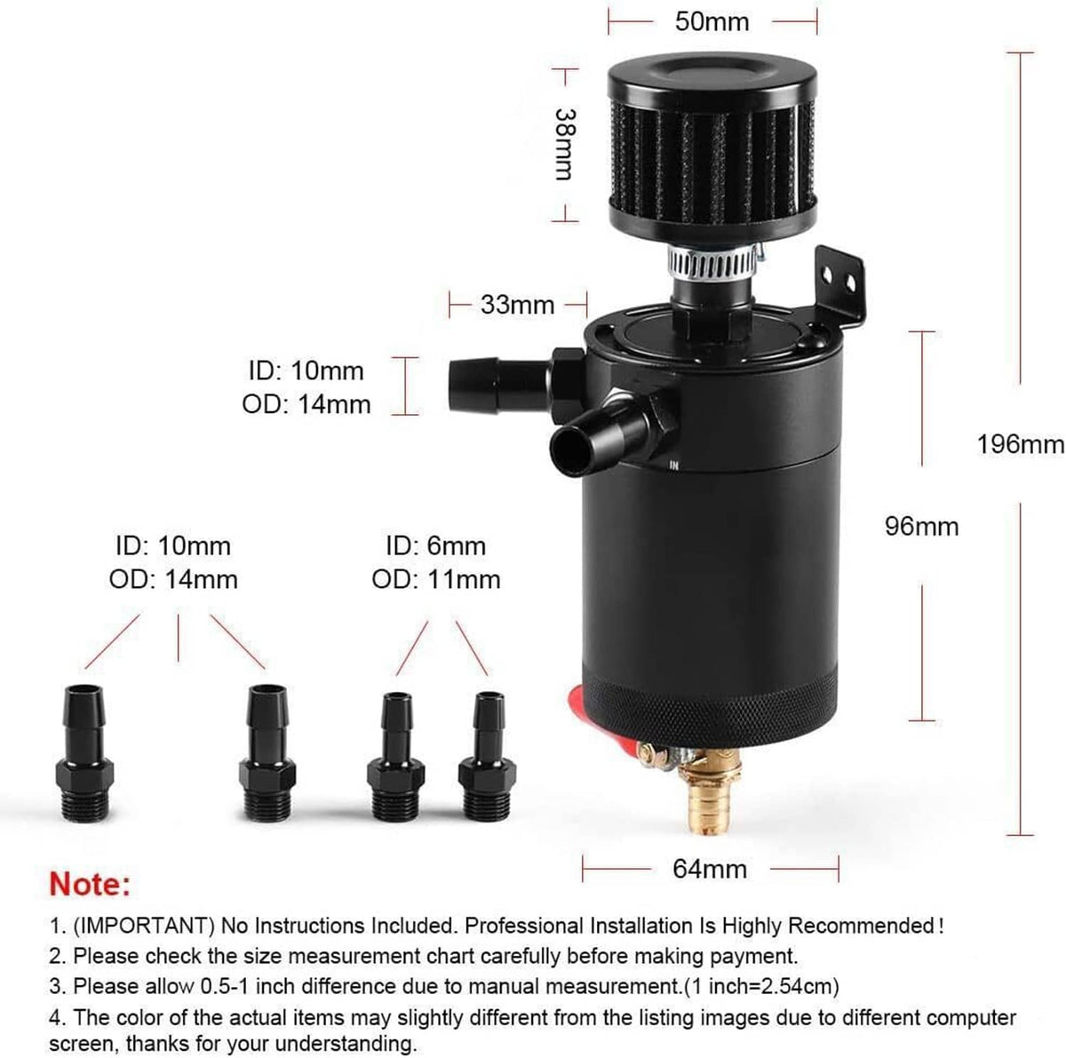 Oil catch can with breather filter and labeled ports in size diagram