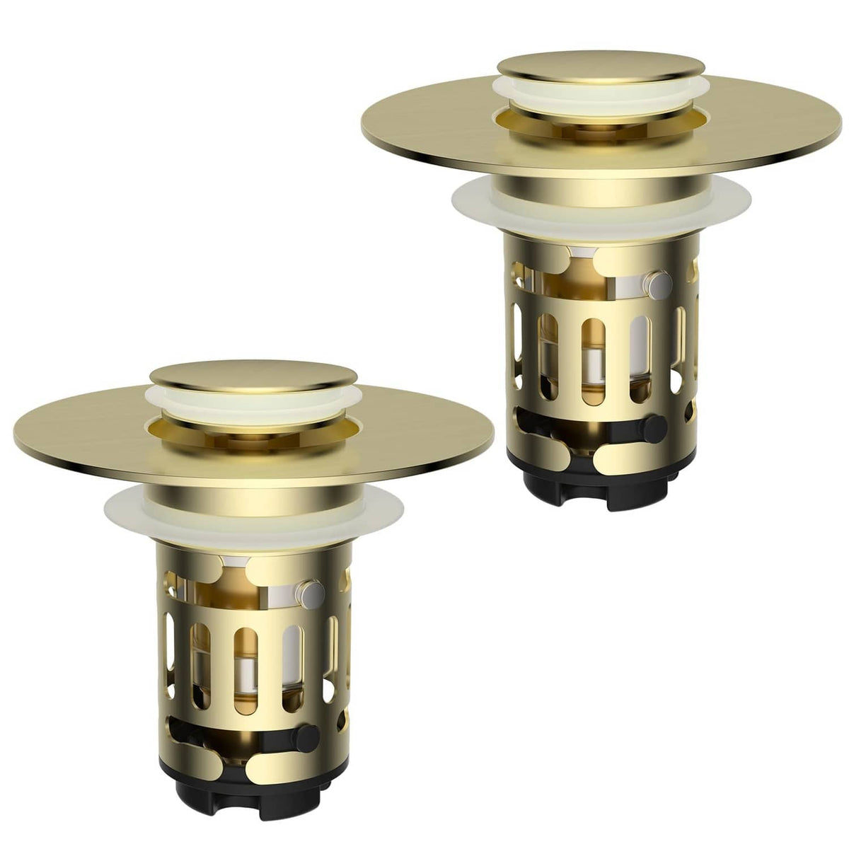 Brushed gold bathroom sink pop-up drain strainer, two-pack with metal filter basket