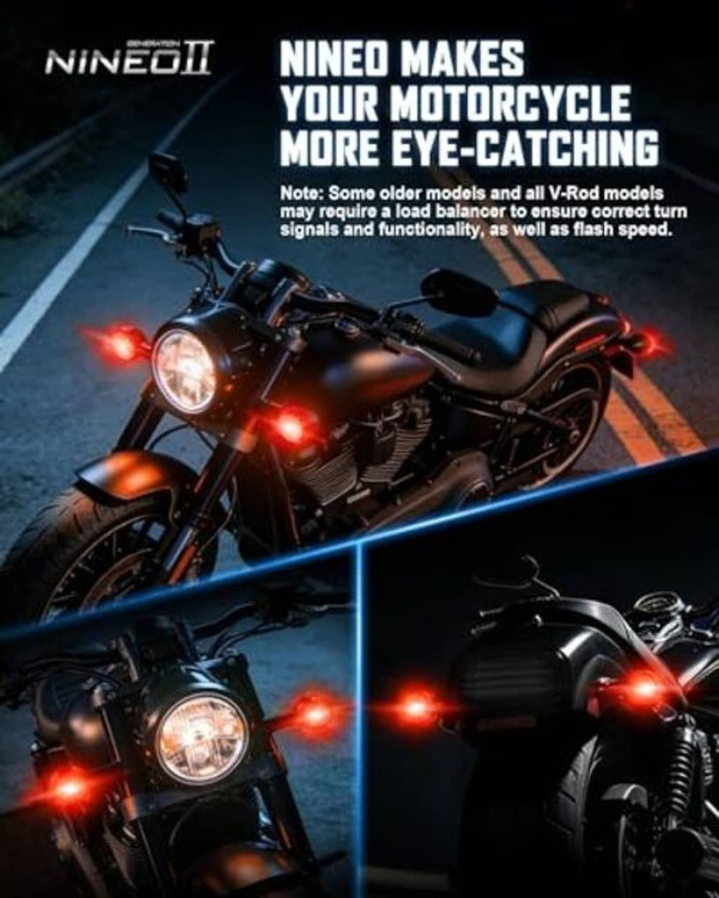 Red LED motorcycle turn signals glowing from front and rear bulb housings