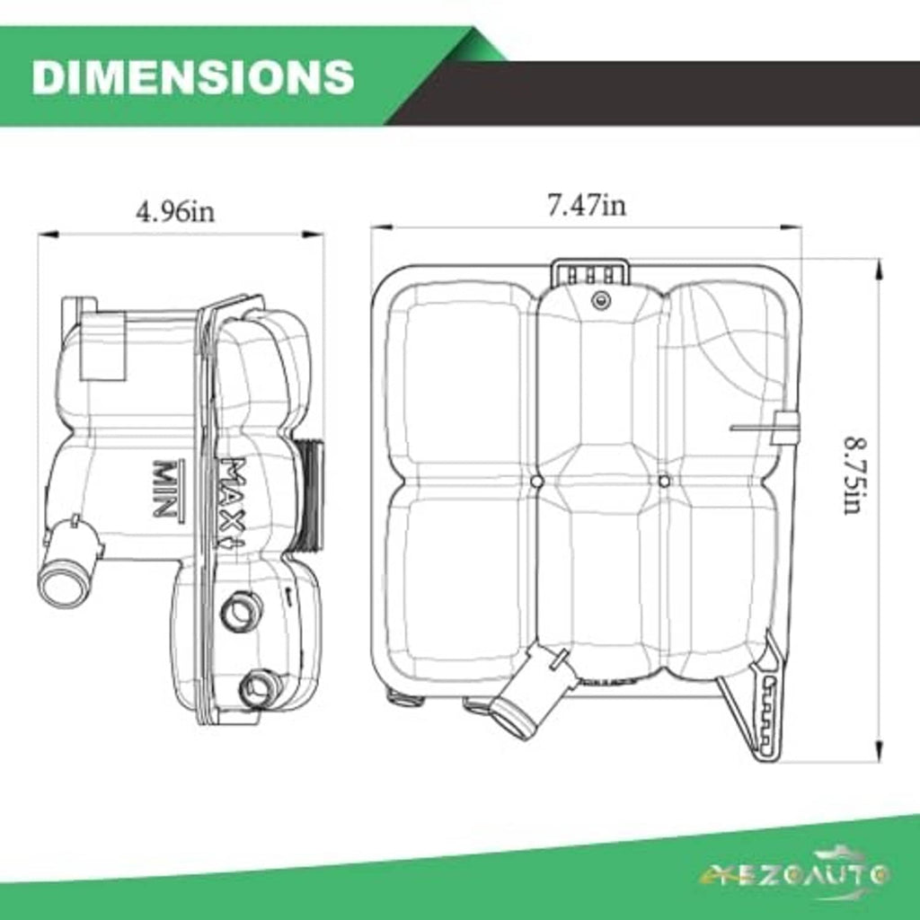 Coolant reservoir dimension diagram with front and side outline measurements