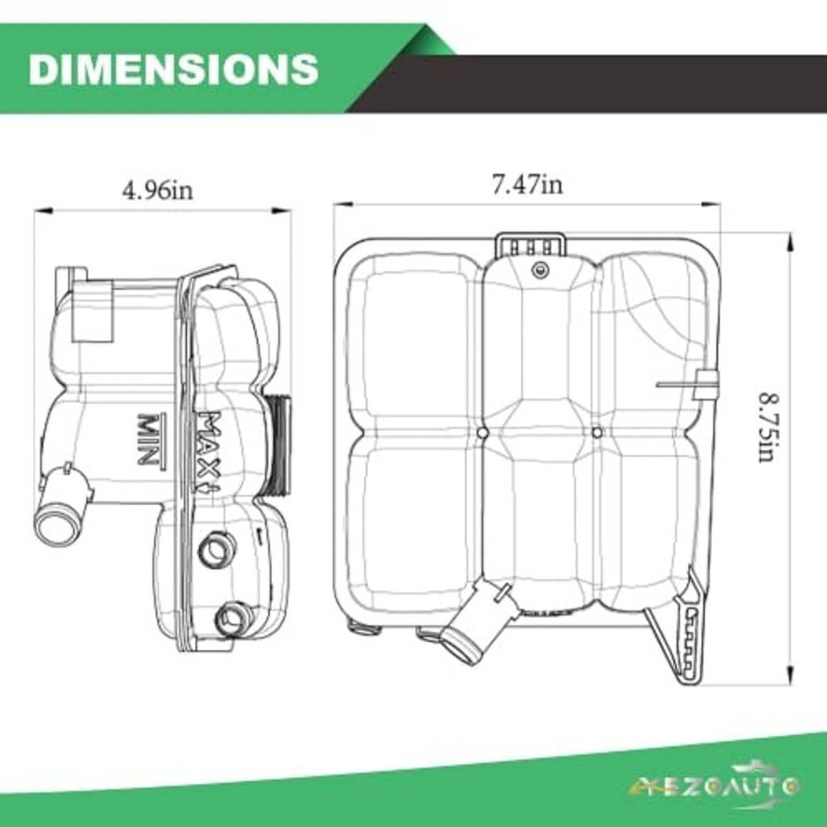 Coolant reservoir dimension diagram with front and side outline measurements