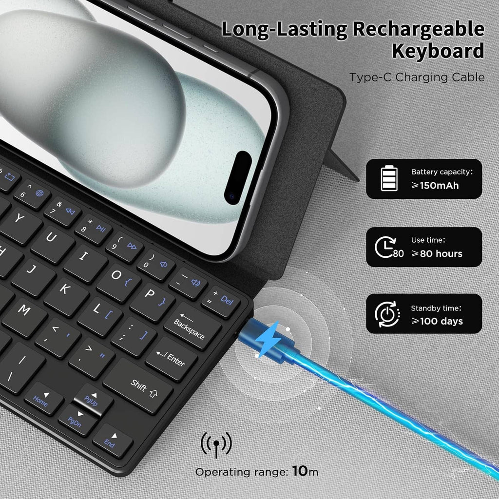 Wireless mini keyboard with phone stand, black, Type-C charging cable connection