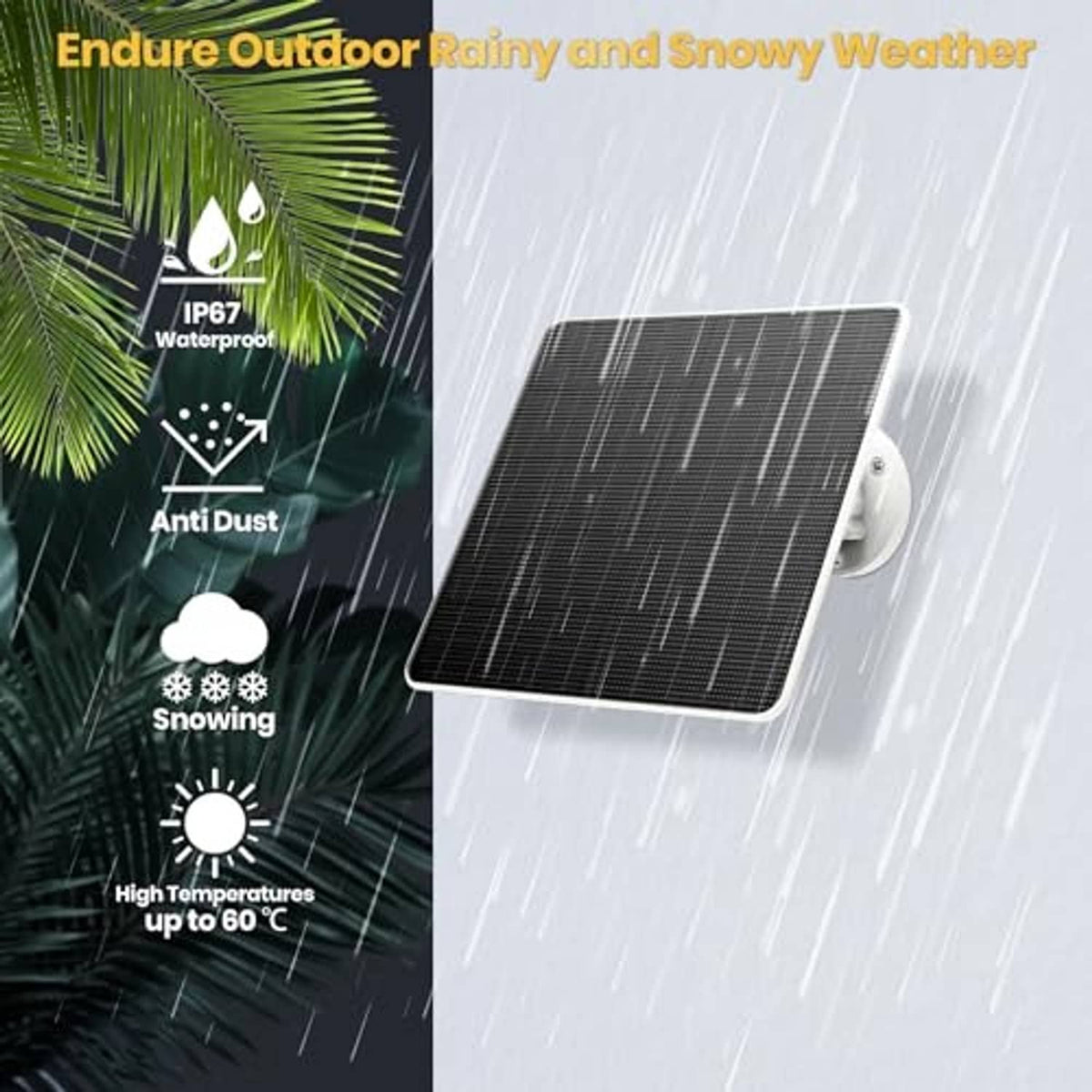 Outdoor solar panel with weather protection, mounted on a white security camera bracket