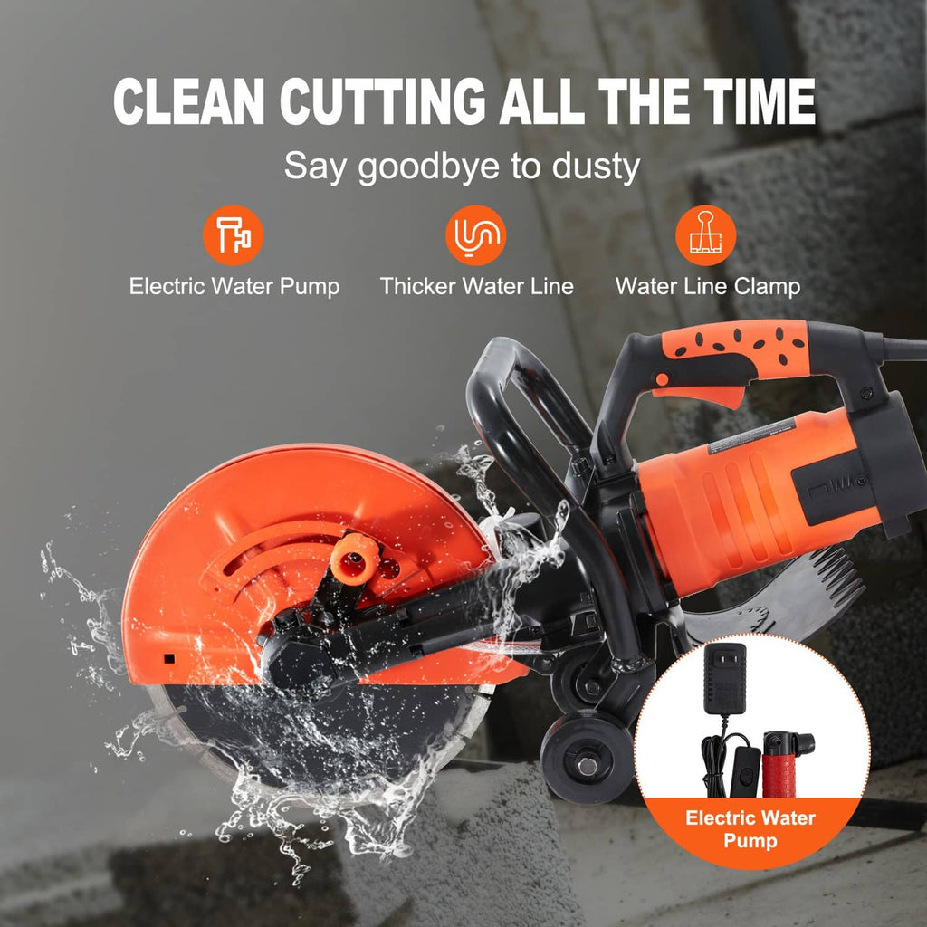 Electric concrete saw with orange wet-cutting blade and water spray setup, orange/black
