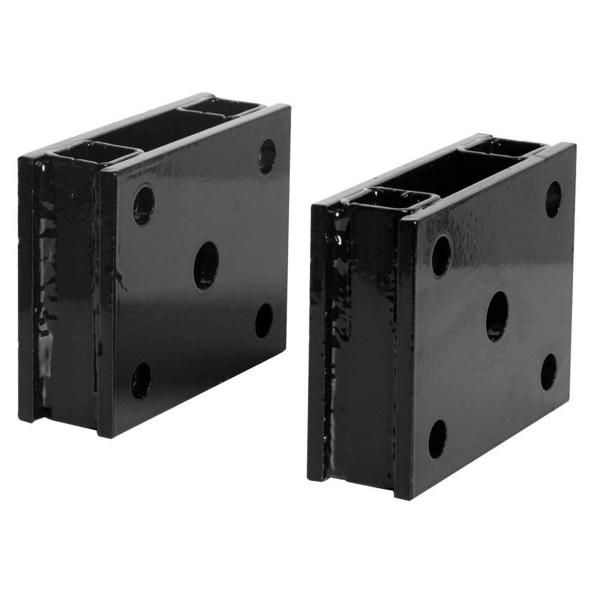 Pair of black steel lift bracket blocks with circular mounting holes