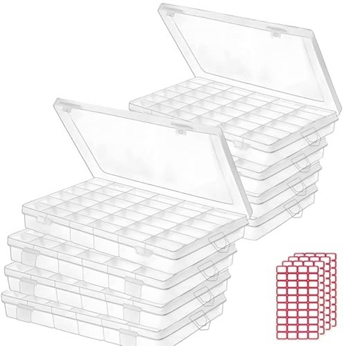 Clear plastic organizer box with flip-top lid and stacked grid compartments