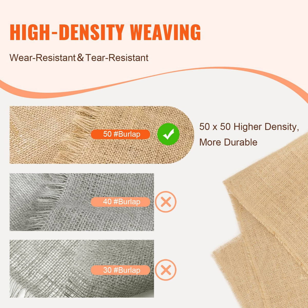 Natural burlap fabric roll edge samples showing dense woven texture
