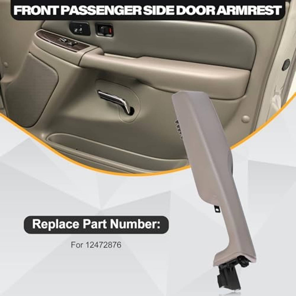 Beige front passenger door armrest handle on door panel with lever-style pull