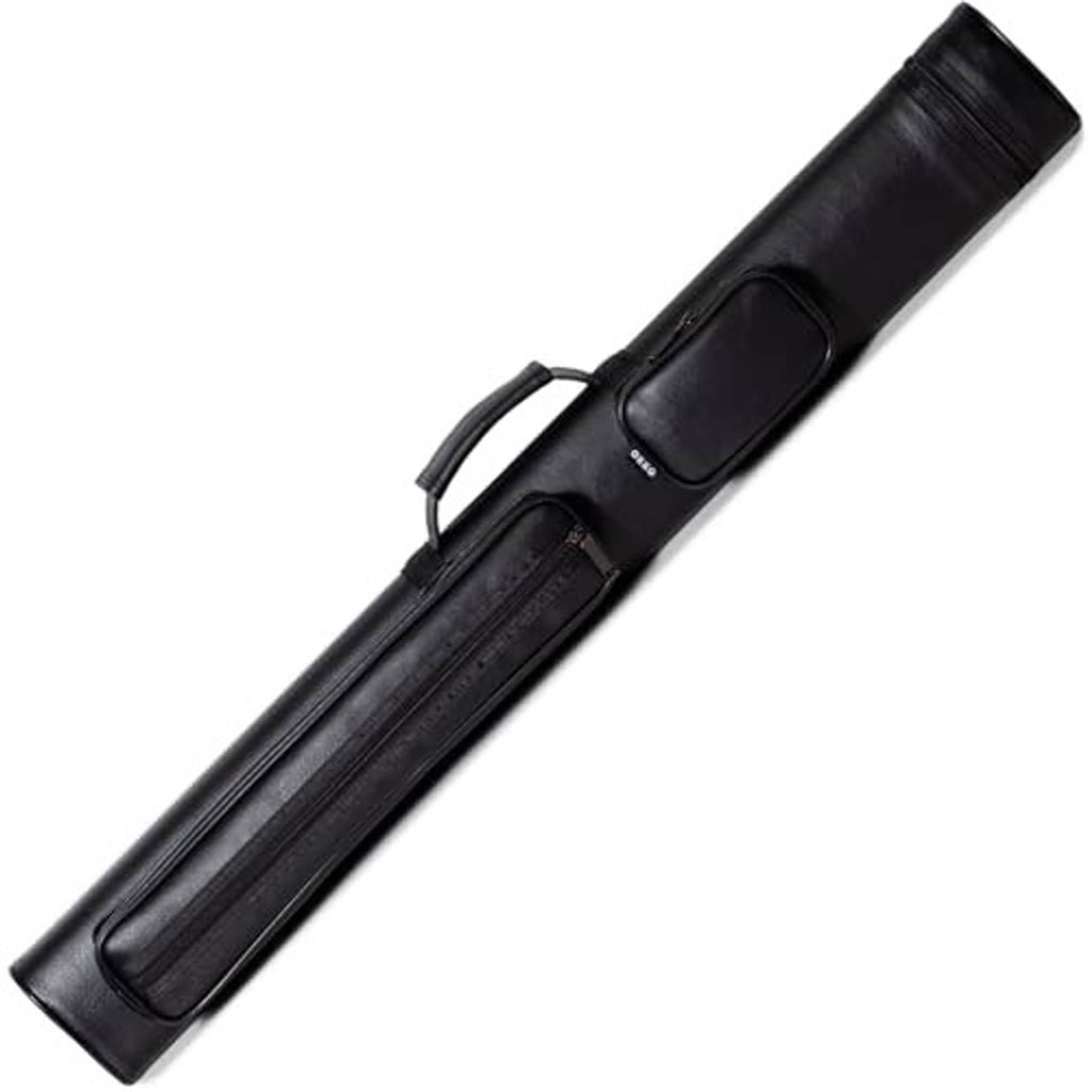 Black hard billiard cue case with top handle and zippered storage pocket.